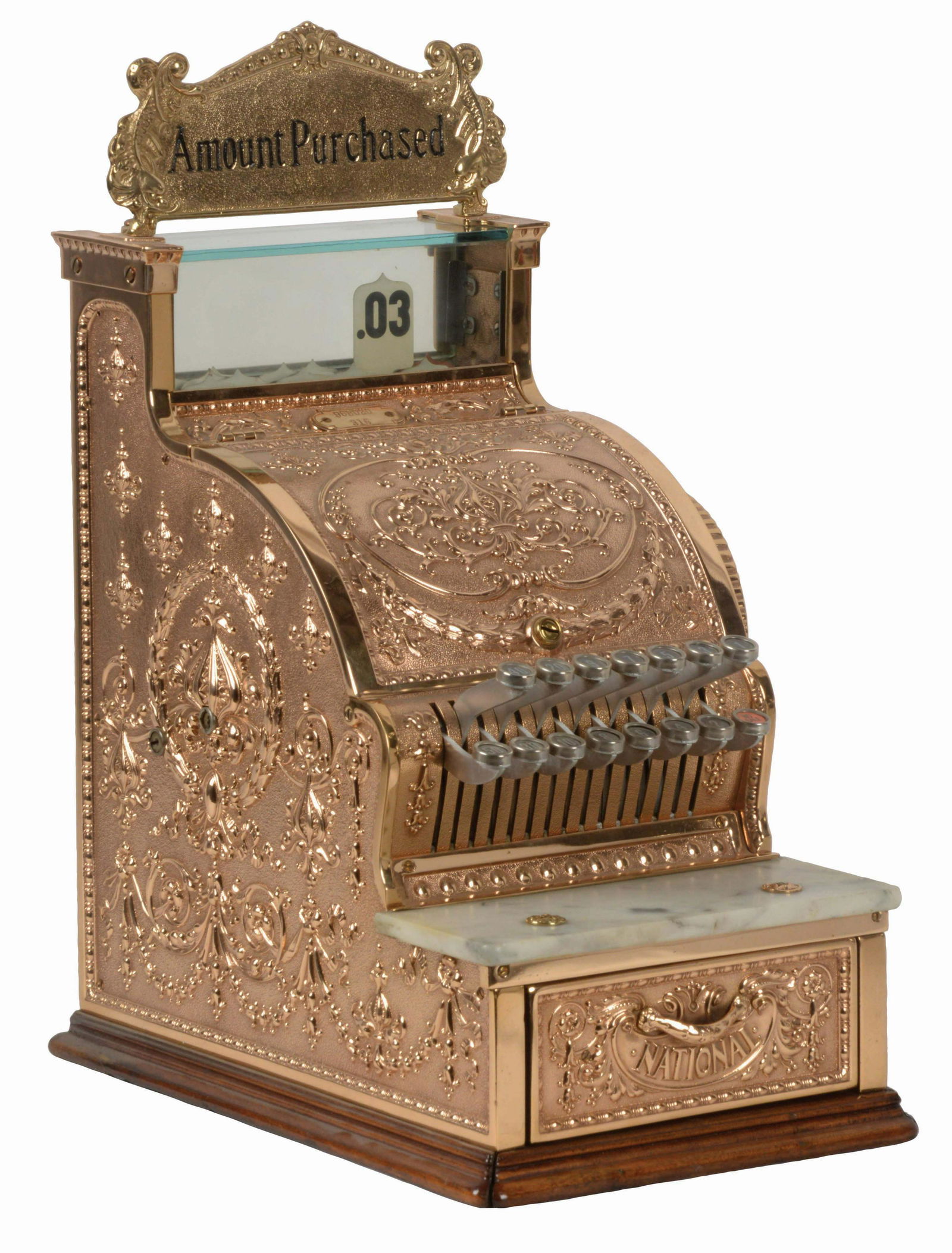 NATIONAL CASH REGISTER CO. MODEL #316.: National Cash Register Co. Model #316 is a restored red bronze candy store register with dolphin pattern and original top sign reading "AMOUNT PURCHASED". Serial number 968020. Condition (Restored) Di