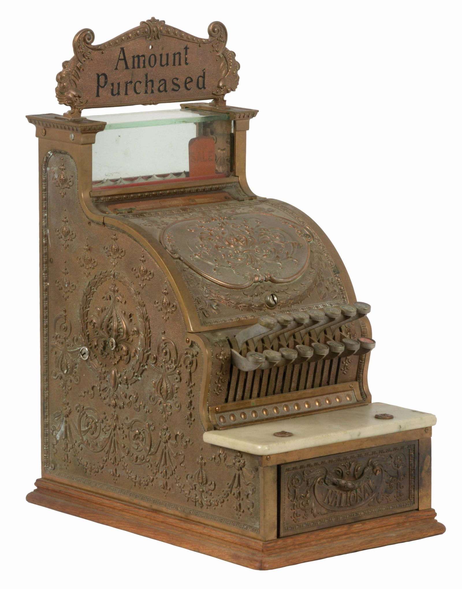 NATIONAL CASH REGISTER CO. MODEL #50 1/4.: National Cash Register Co. Model #50 1/4 is a red bronze candy store register with Dolphin pattern and original top sign reading "AMOUNT PURCHASED" which has not been restored. Serial number 525360. C