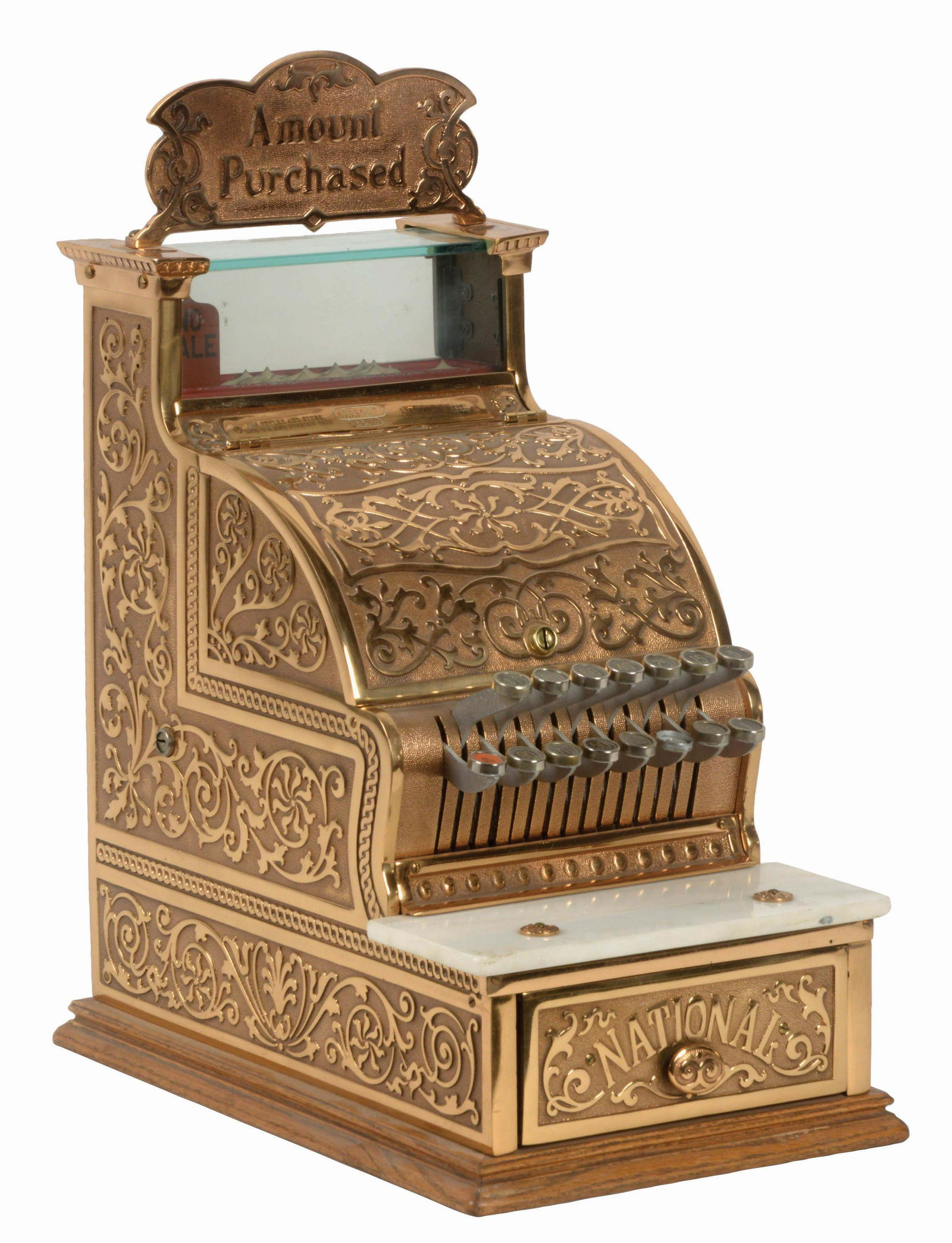 NATIONAL CASH REGISTER CO. MODEL #250.: National Cash Register Co. Model #250 is a restored red bronze candy store register with scroll pattern and reproduction top sign reading "AMOUNT PURCHASED". Serial number 555407. Condition (Restored)