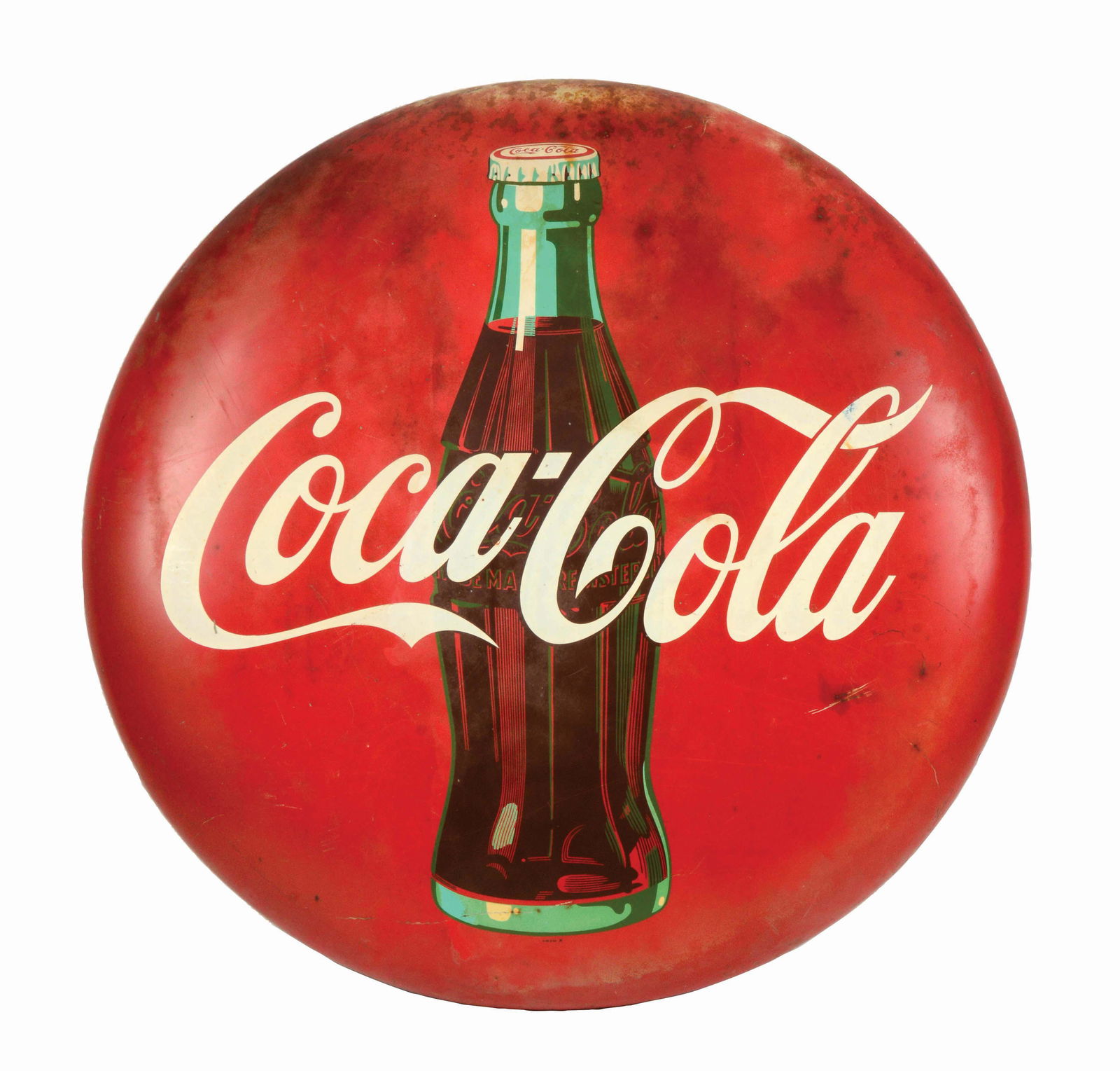 LARGE TIN COCA-COLA BUTTON SIGN. (1 of 2)