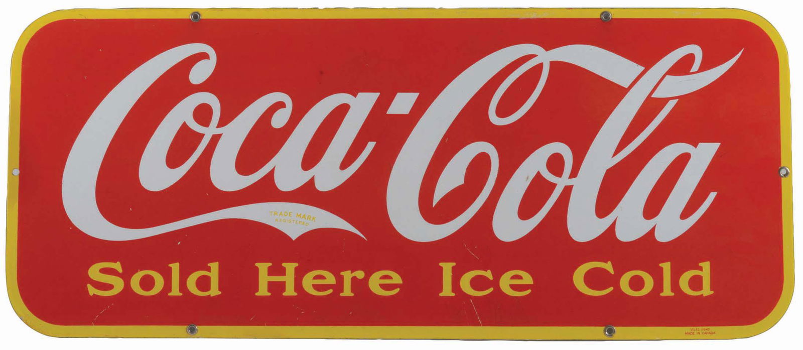 1940S COCA-COLA PORCELAIN KICK-PLATE.: This sign was made by Vilas in Canada. Sign has great color and gloss. It does have some areas of touch-up. Condition (Very Good+). Dimensions 29 - 1/4" x 12 - 1/4".