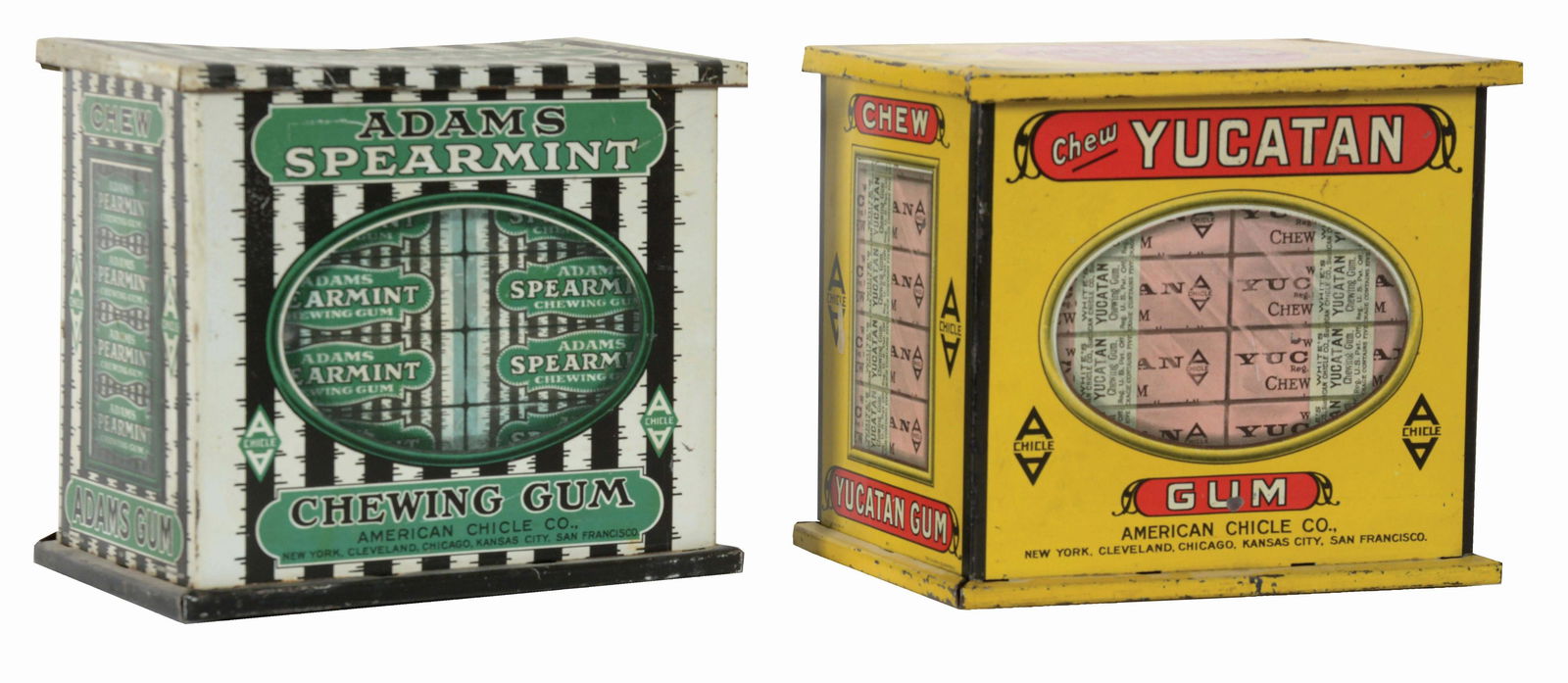 LOT OF 2: YUCATAN AND ADAMS GUM TINS.: Counter tins for Adams spearmint and Yucatan gums. Some minor scratches and paint loss. Lids are operative. Condition (Very Good). Dimensions Each: 6" x 6 - 3/4" x 5 - 1/4".