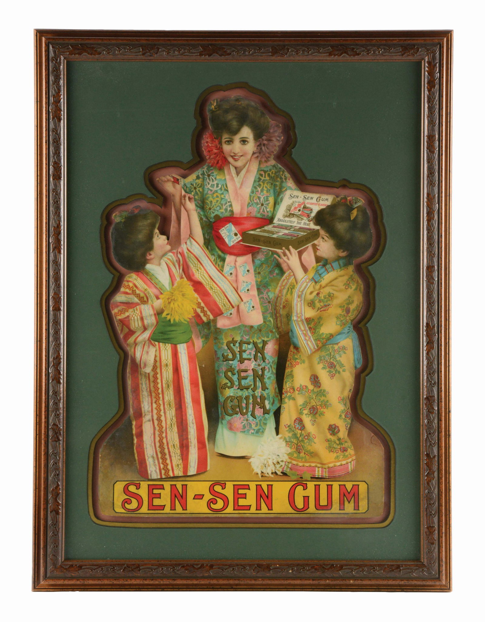 LARGE DIE-CUT SEN SEN GUM SIGN.: Originally a large size cardboard window stand-up (36"), this framed sign is not stock art and originally issued by the Sen Sen Mint & Gum company to stores and merchants in the early 20th century. De