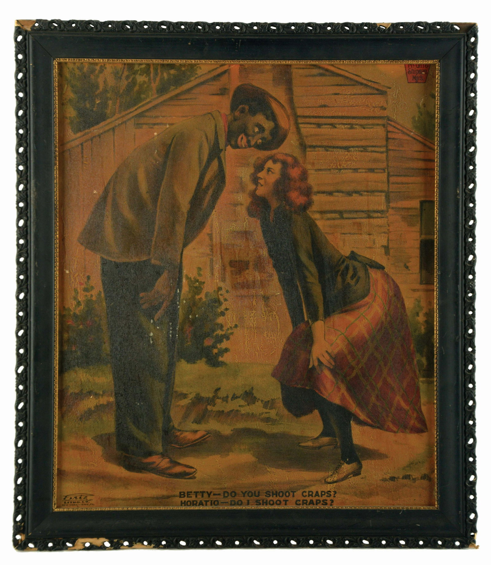DO YOU SHOOT CRAPS? BLACKFACE LITHOGRAPHED SIGN.: This sign is on cardstock. It is framed without glass. The litho was made by Erie Litho Co. It shows a man dressed in blackface talking to a pretty white woman. On the bottom of the sign it says "Bett