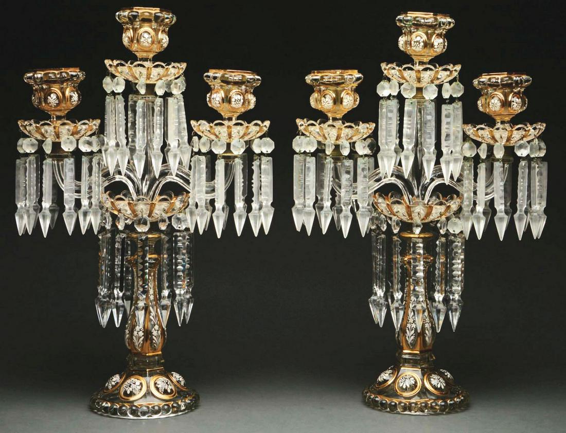 PAIR OF GLASS HAND-PAINTED CANDELABRA WITH PRISMS. (1 of 3)
