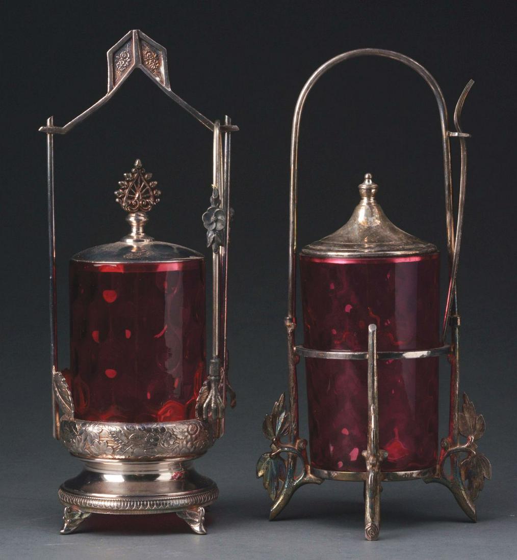LOT OF 2: CRANBERRY GLASS PICKLE JARS WITH SILVER PLATE (1 of 5)