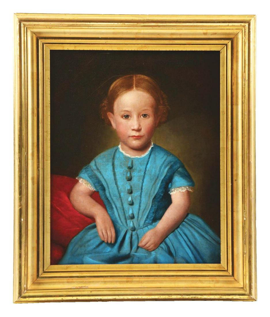 FOLK ART PORTRAIT OF A YOUNG GIRL IN BLUE DRESS. (1 of 2)