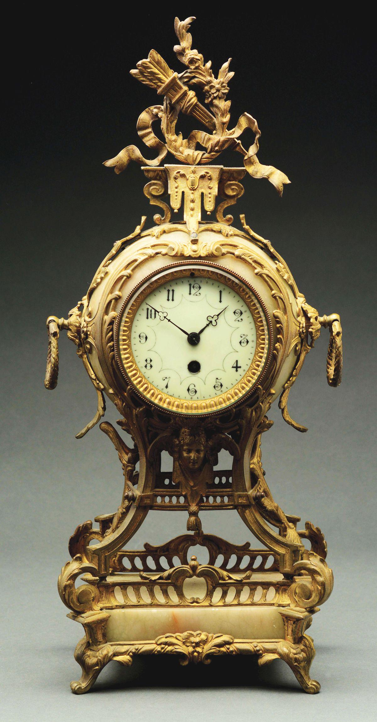 ONYX & BRASS TABLE CLOCK WITH PORCELAIN DIAL. (1 of 8)