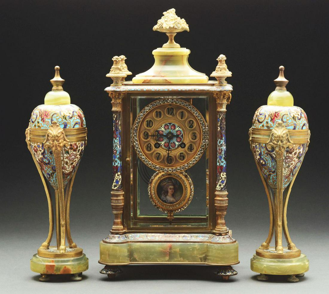 FRENCH ONYX AND CHAMPLEVE THREE PIECE CLOCK SET. (1 of 11)
