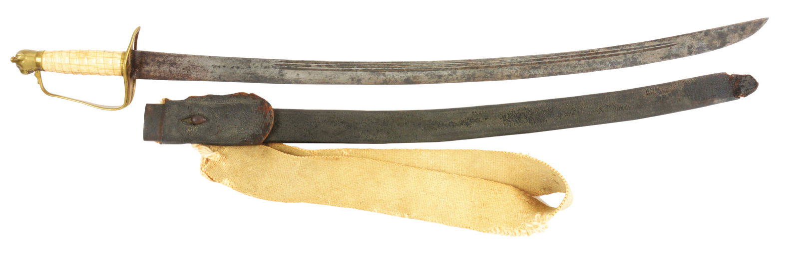 REVOLUTIONARY WAR AMERICAN DOG POMMEL HORSEMAN'S SABER.: For a similar example, see plate 336.S on page 173 of "Swords and Blades of the American Revolution" by George C. Neumann. This sword has a Spanish-style imported three fuller slightly curved blade. T