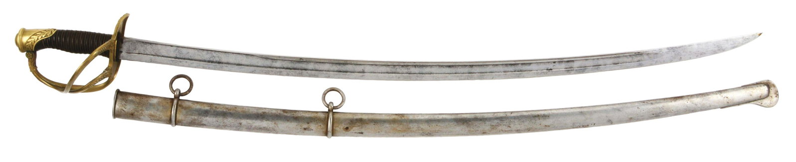 FRENCH CAVALRY OFFICER SABER DATED 1864.: American sabers of the Civil War period were often based on French patterns. This cavalry officer's saber is Chatellerault Armory marked on the spine with an 1844 model date and November 1864 date of 