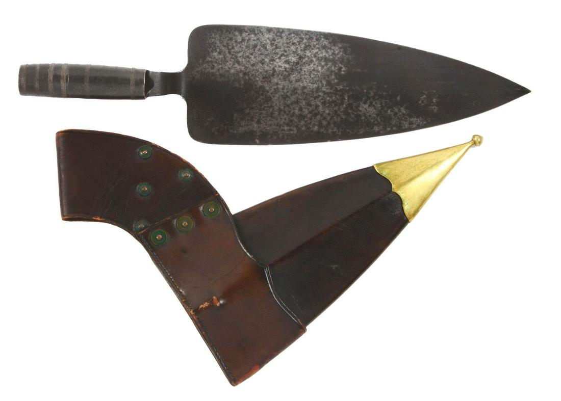 US MODEL 1873 TROWEL BAYONET WITH SCABBARD.: With 10” spade-shaped blade with ridge down the back and a blued socket/handle. First pattern scabbard. The scabbard with clear "F. CHILLINGWORTH PAT DEC 1 1868" stamp and illegible oval inspectors 