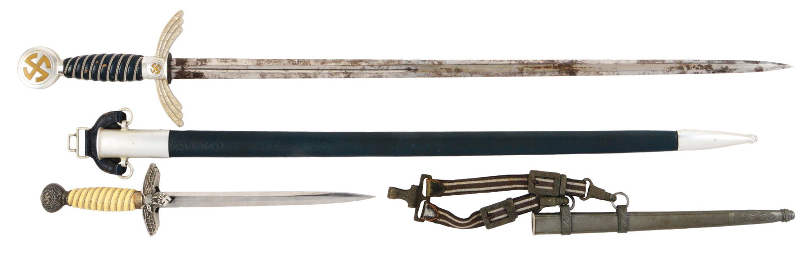 LOT OF 2: GERMAN WWII LUFTWAFFE SWORD AND DAGGER: Lot consists of: (A) Luftwaffe Officer sword, and (B) Luftwaffe 2nd Model dagger. (A) Luftwaffe sword with a "SMF, Solingen" marked 28" nickel plated blade with moderate freckling to 40-45% of its nic