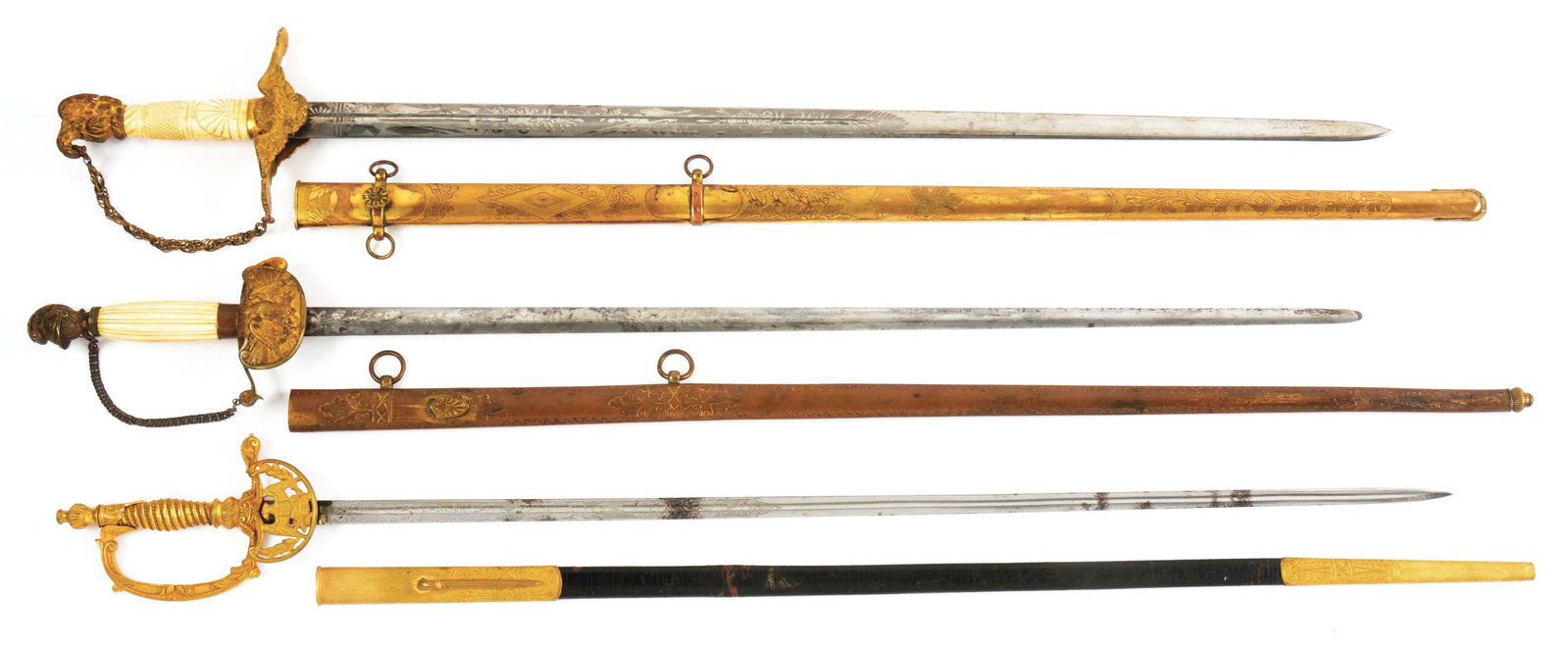 LOT OF 3: MILITIA OFFICER'S SWORDS AND US DIPLOMATIC: Lot consists of two officer's or militia swords dating 1840 to 1860 with brass mounts, bone grips and brass scabbards, and one German-made American diplomatic sword, likely later nineteenth century. (