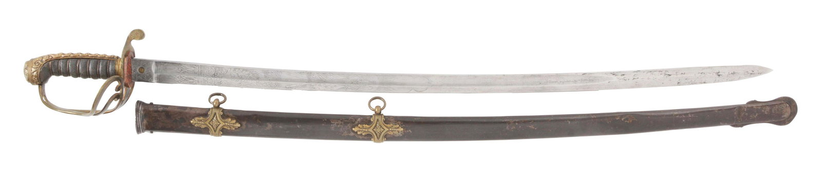 NON-REGULATION IMPORT OFFICER'S SABER.: A non-regulation Civil War officer's saber modeled on the British light cavalry saber of the 1820's, but with the later more robust blade, imported for retail sale by James Smith of New York. Sharkski