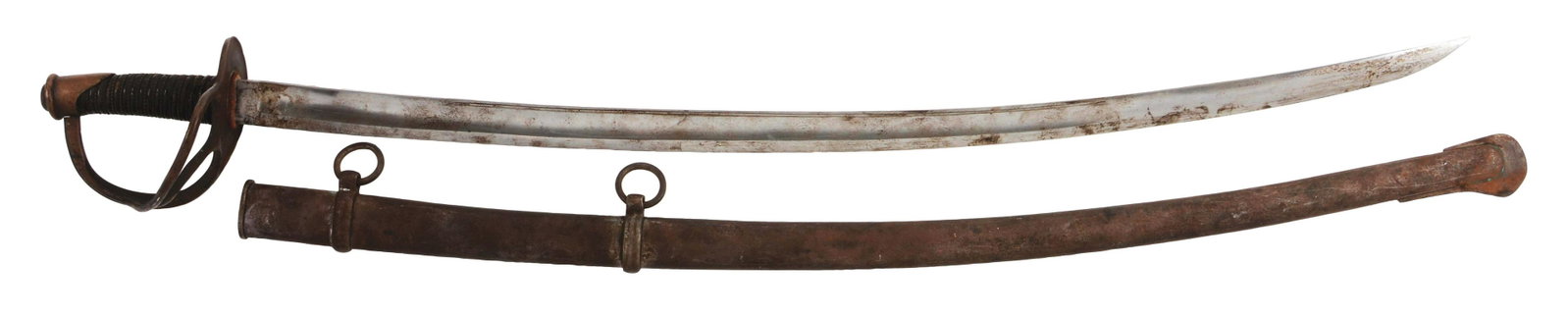 A RARE SHEBLE & FISHER MADE M1840 CAVALRY SABER WITH: 35 - 3/8" gently curving blade with partial double fuller running approximately 2/3 of the length of the blade. Left side of ricasso marked "Sheble & Fisher / Philada". Right side unmarked. Guard with