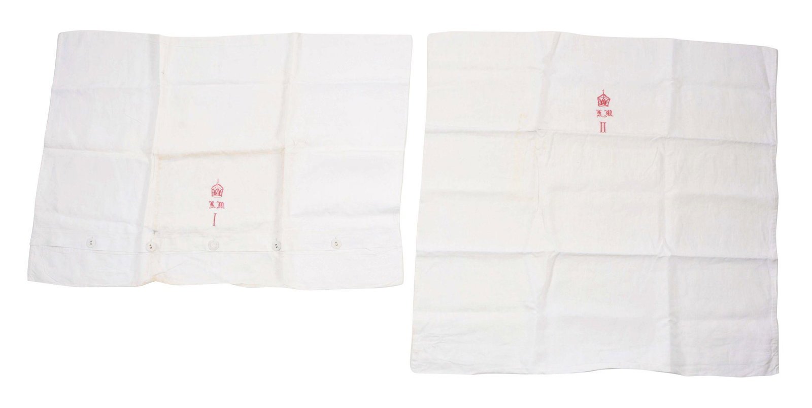 LOT OF 2: PILLOWCASES FROM KAISER WILHELM II'S ROYAL: Two pillowcases from Kaiser Wilhelm II's royal yacht, the S.M.Y. Hohenzollern. Each pillow case has Kaiser Wilhelm II's embroidered cypher, along with either a "I" or "II". One measures 24" by 25" and