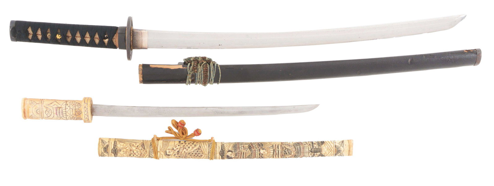LOT OF TWO: WAKIZASHI AND BONE MOUNTED JAPANESE SWORD.: Lot consists of (A) Shinto wakizashi, 52.2cm. Ubu nakago, one mekugi-ana signed Yamato Kuni Norinaga. Iron tsuba cast with coiling dragon. Plain shakudo fuchikashira. Sea life menuki. Double silver fo