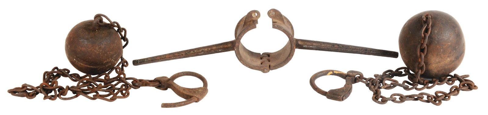 NECK CLAMP AND BALL & CHAINS.: Lot consists of: (A) One iron neck clamp, (B) one larger ball and chain, and (C) one smaller ball and chain. (A) The neck clamp is made of iron, which shows old rust and patina throughout. The hinge o
