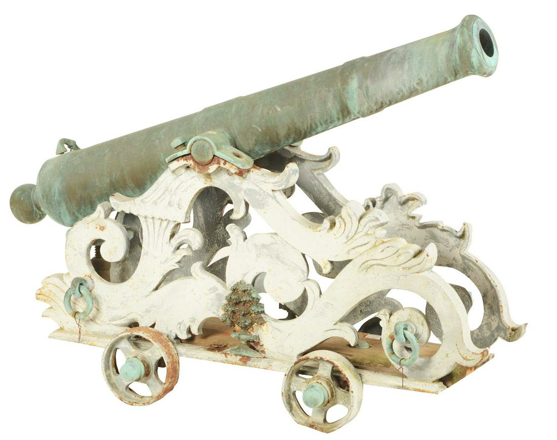 FINE 51.5 INCH 19TH CENTURY SCOTTISH 3 POUNDER BRONZE: This fine Scottish bronze 3 pounder ship’s cannon was cast by the well known Scottish firm of Miller and Pearce measuring 51-1/2" from end of cascabel to the beautifully turned cannon muzzle. This i