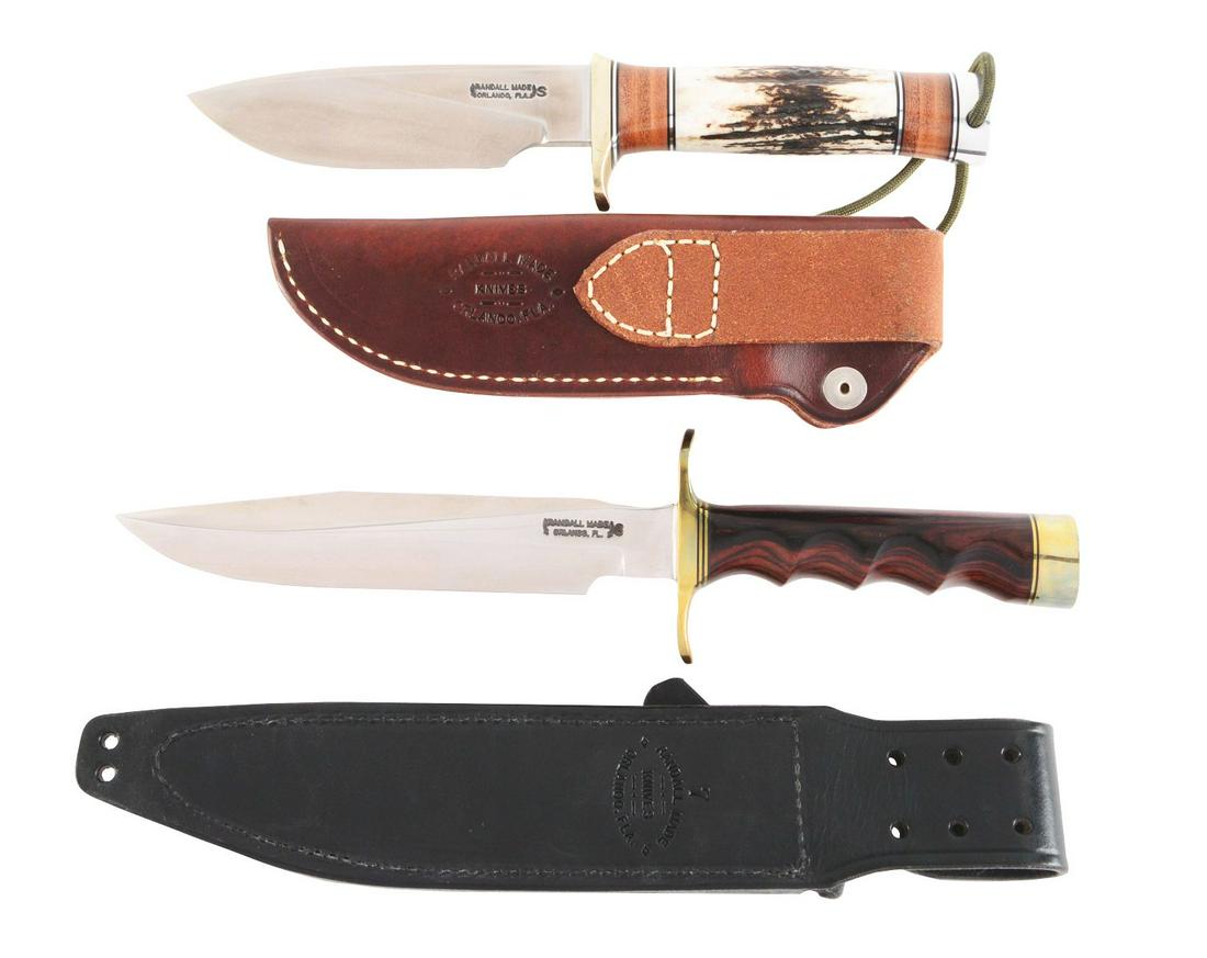 FABULOUS PAIR OF RANDALL MADE KNIVES IN AS NEW: Lot consists of (A) Randall Model 1 Fighter with 7" stainless blade with Randall Made marking on left side at ricasso. Double brass guard with brass spacers and special order finger groove rosewood ha
