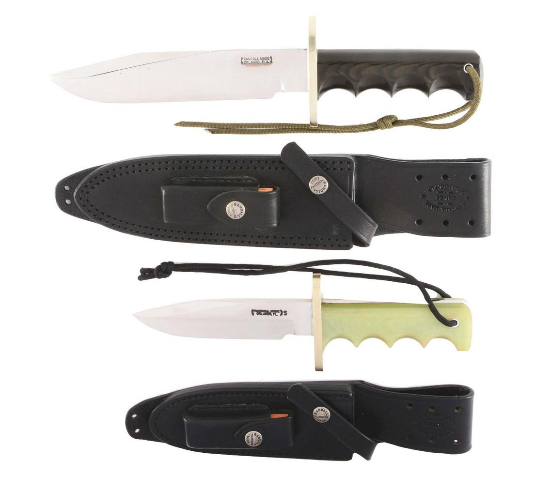 DESIRABLE PAIR OF RANDALL MADE COMBAT KNIVES WITH: Lot consists of (A) Randall Model 14 attack with 7 - 1/2" carbon steel blade made of 01 Swedish Tool Steel with double nickel silver guard and black micarta finger groove handle with wrist thong. Hous