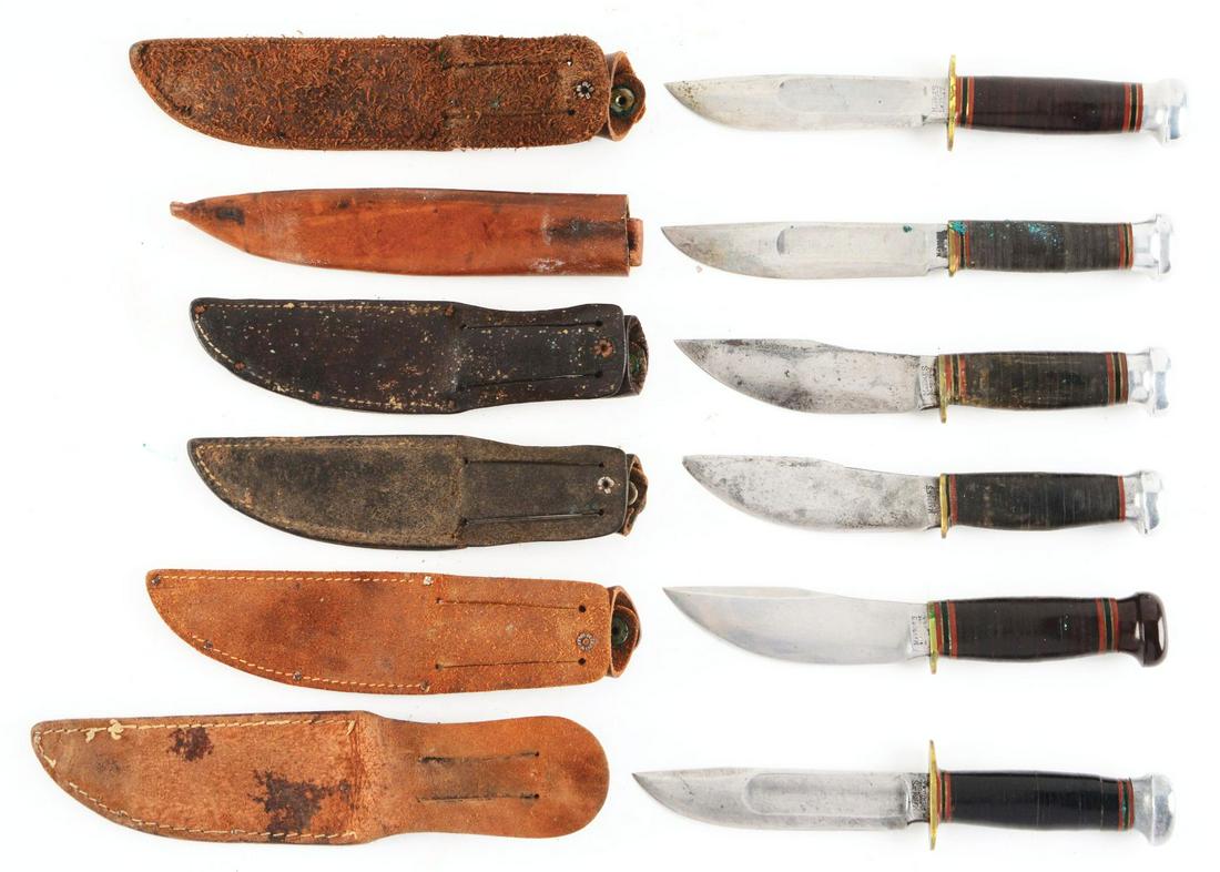 LOT OF 6: MARBLES FIXED BLADES.: Lot consists of: (A) Marbles Gladstone Mich. USA Ideal 5" blade, overall 9". Handled in stacked leather with aluminum crown and full brass guard. Correct sheath with signed safety snap. Circa post-194