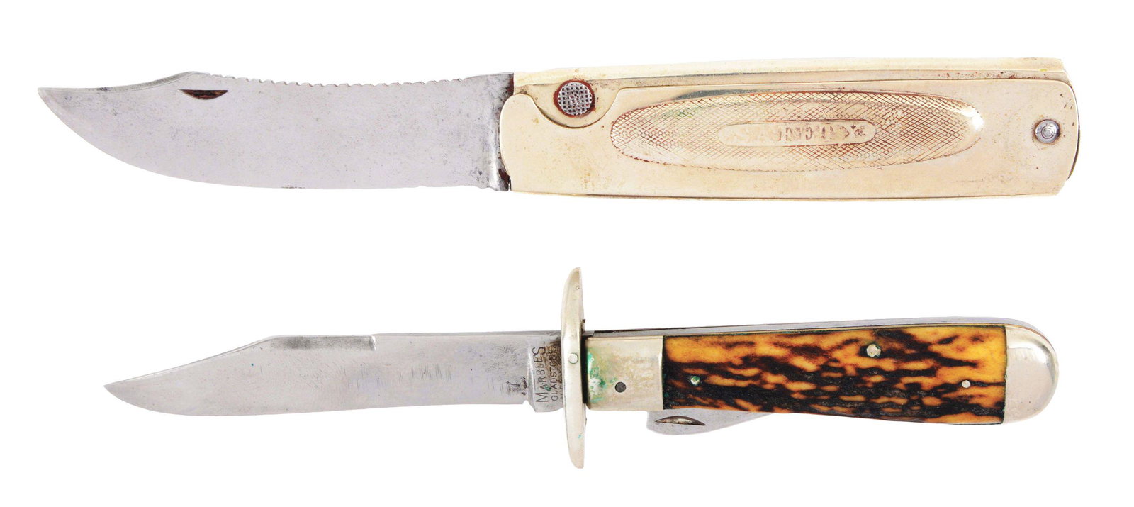 LOT OF 2: MARBLES FOLDERS.: Lot consists of: (A) Marbles Gladstone Mich. USA 5-1/4" one blade folding safety Hunter handled in stag. Both scales are near mint without cracks. Blade has strong snap in both open and close directio