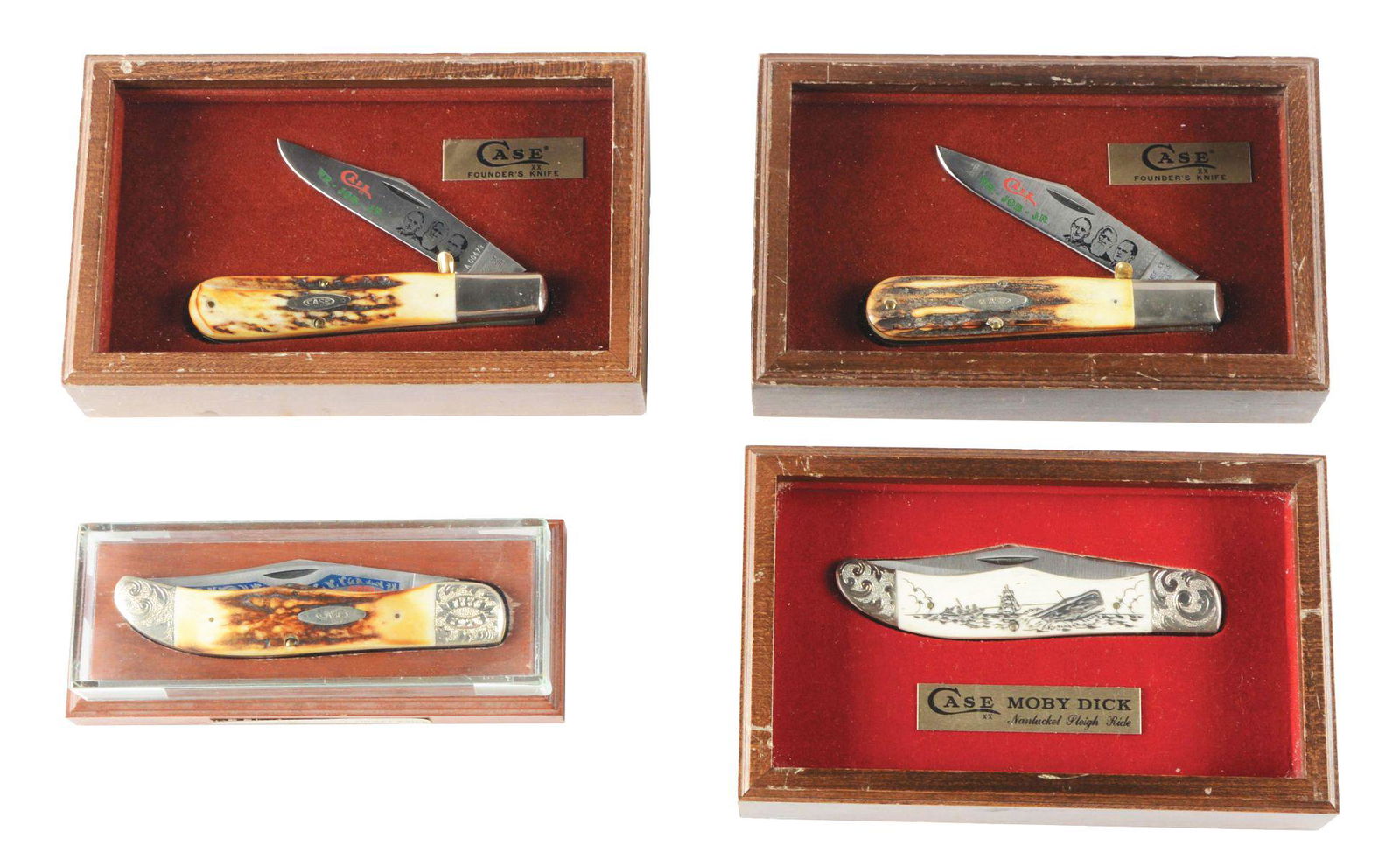 LOT OF 4: VINTAGE LARGE PATTERN ONE BLADE FOLDERS: Lot consists of: (A) Case XX Stainless USA 1776-1976 American Spirit No. 5165 one blade stag folding Hunter with engraved bolster complete with cherry block. (B) Case XX Stainless USA 1979 Case Moby D