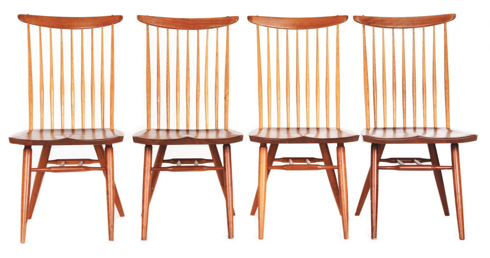 SET OF FOUR NEW CHAIRS BY GEORGE NAKASHIMA: Four side chairs by George Nakashima, cherry with hickory spindles. Provenance: Martin 1988, Modern Gallery 2014. Condition: Dimensions: