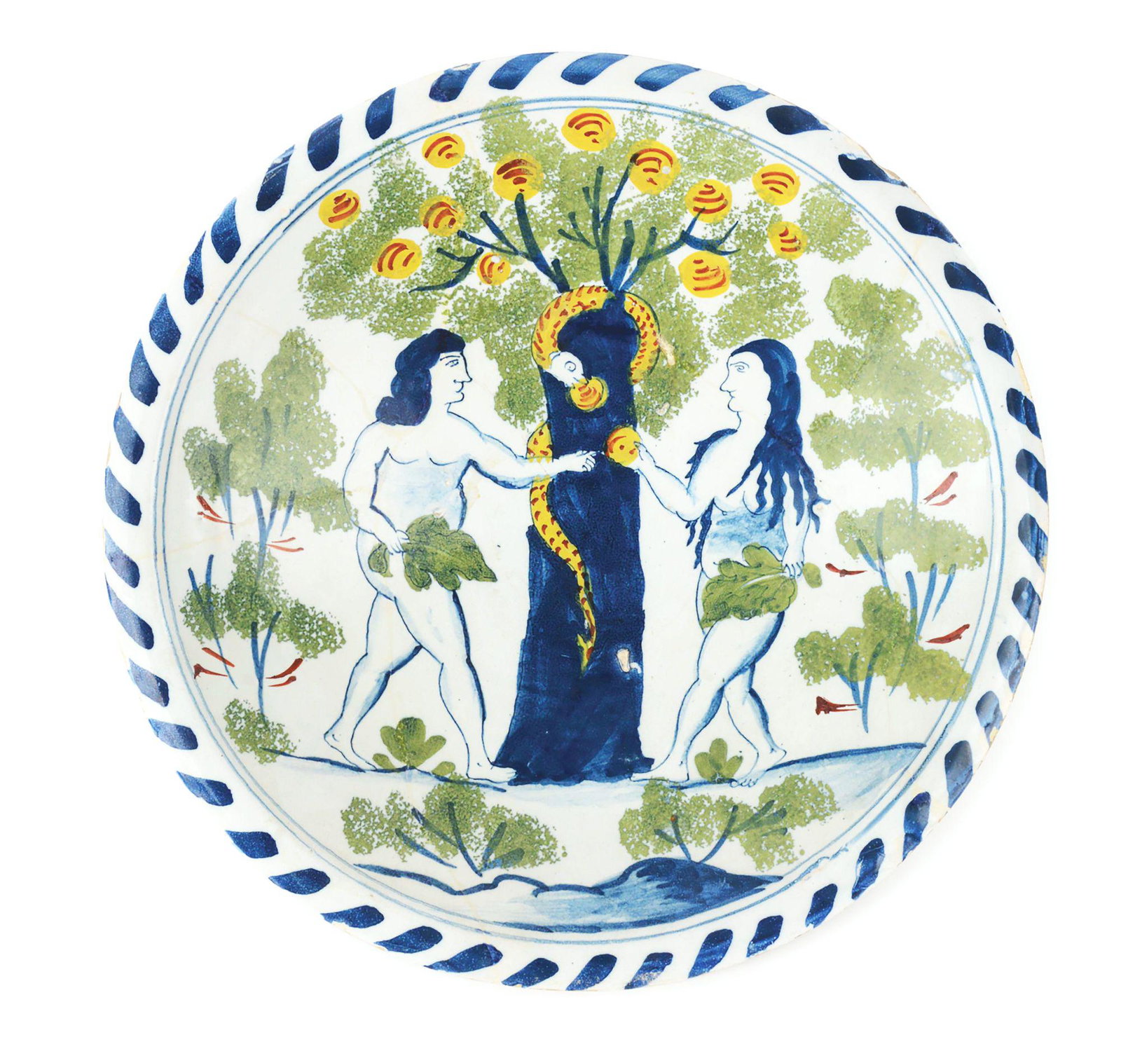 EARLY ENGLISH DELFT BLUE DASH CHARGER. ENGLISH. CIRCA: This charger depicts a naïve rendering of Adam and Eve and the Serpent in the Garden of Eden. CONDITION: Repaired cracks. Condition: Dimensions: 13 - 1/2" x 13 - 1/2" x 3".