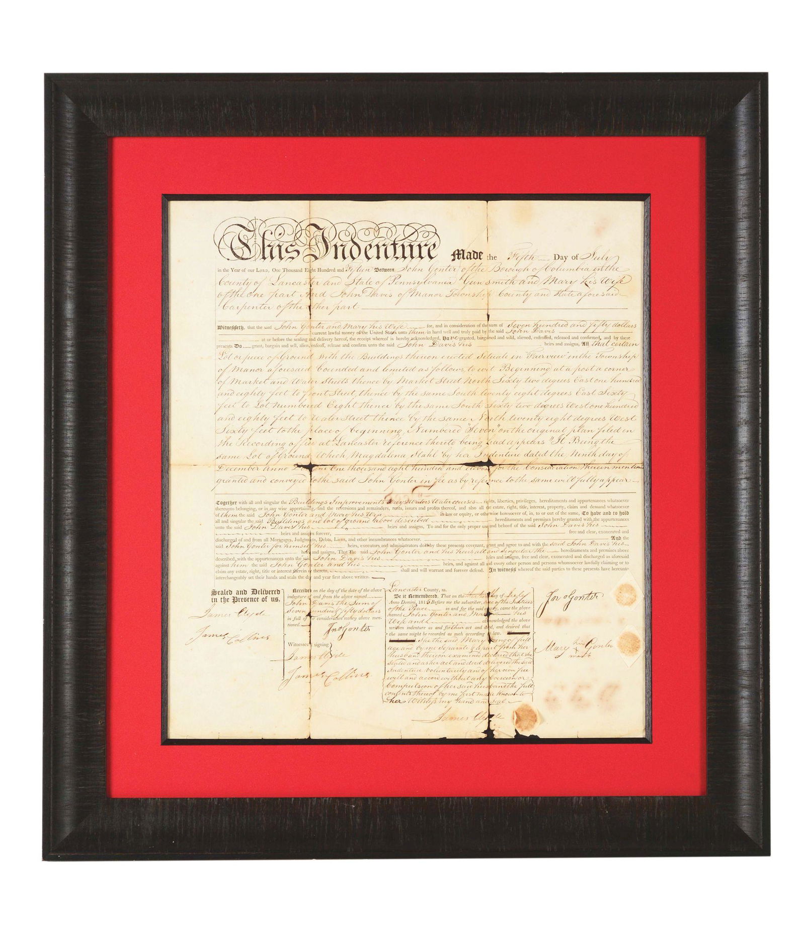 RARE INDENTURE SIGNED BY LANCASTER KENTUCKY RIFLE MAKER: This indenture is dated July 5th, 1815 and is between Jon Gonter of the Borough of Columbia, in Lancaster County, Pennsylvania, and John Davis of Manor Township. It lists his occupation as 'Gunsmith'.