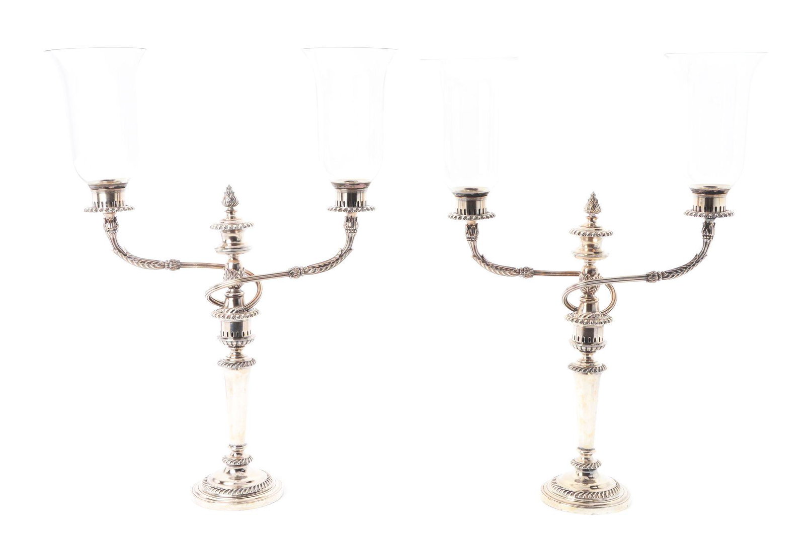PAIR OF SHEFFIELD SILVER DOUBLE BRANCH CANDLABRAS: Double branch candelabras with contemporary glass hurricane shades. Condition: Dimensions: Largest: 20" x 18" x 6 - 1/2".