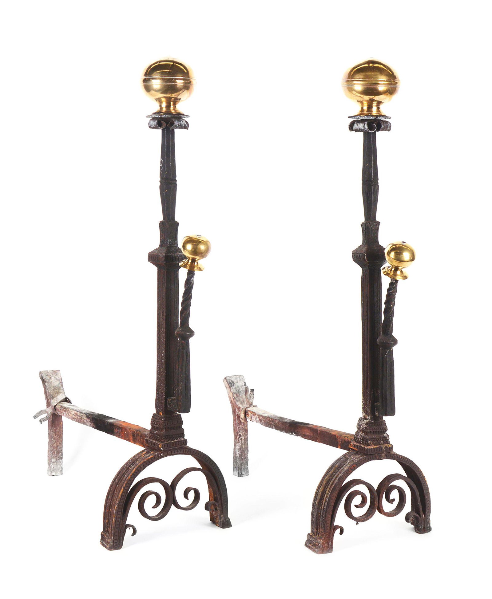VERY FINE AND RARE PAIR OF WILLIAM AND MARY WROUGHT: Large size wrought iron andirons with chiseled decoration. Spit rest is on broadly arched feet with internal scrolled decoration. The very finely cast large brass ball finials are echoed by smaller ba