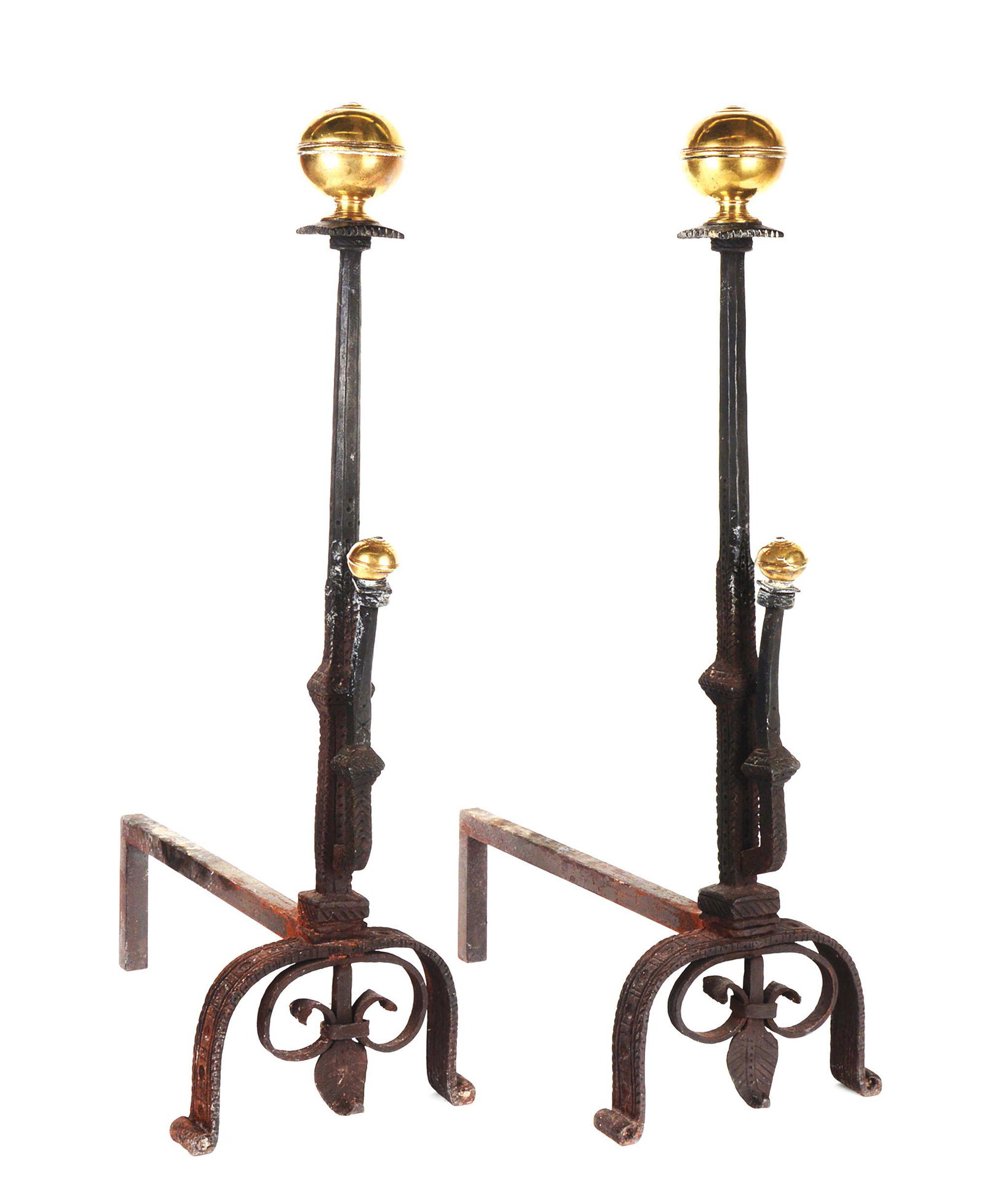 PAIR OF WILLIAM AND MARY WROUGHT IRON AND BRASS TRIMMED: These andirons are of important size. The large brass finials over tapered chamfered wrought iron shafts are supported on broadly executed iron outer scroll legs with inner scroll decoration. PROVENAN