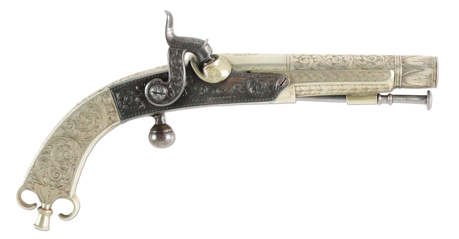 (A) GOOD SCOTTISH PERCUSSION DRESS PISTOL BY MEYER &: Circa 1855. The blued bolted front action lock is well engraved with scrolls and toothed border. The hammer with dolphin engraving, engraved en suite. Steel barrel engraved throughout most of its leng