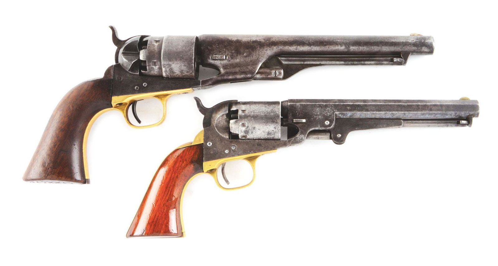 (A) LOT OF TOW: BRACE OF CIVIL WAR PERIOD COLT AND: Lot consists of (A) Colt Model 1860 Army with matching numbers and martially inspected grips. Grips have been personalized with "MGXXC-MGW" carved on butt. CONDITION: Good with an even patina overall 
