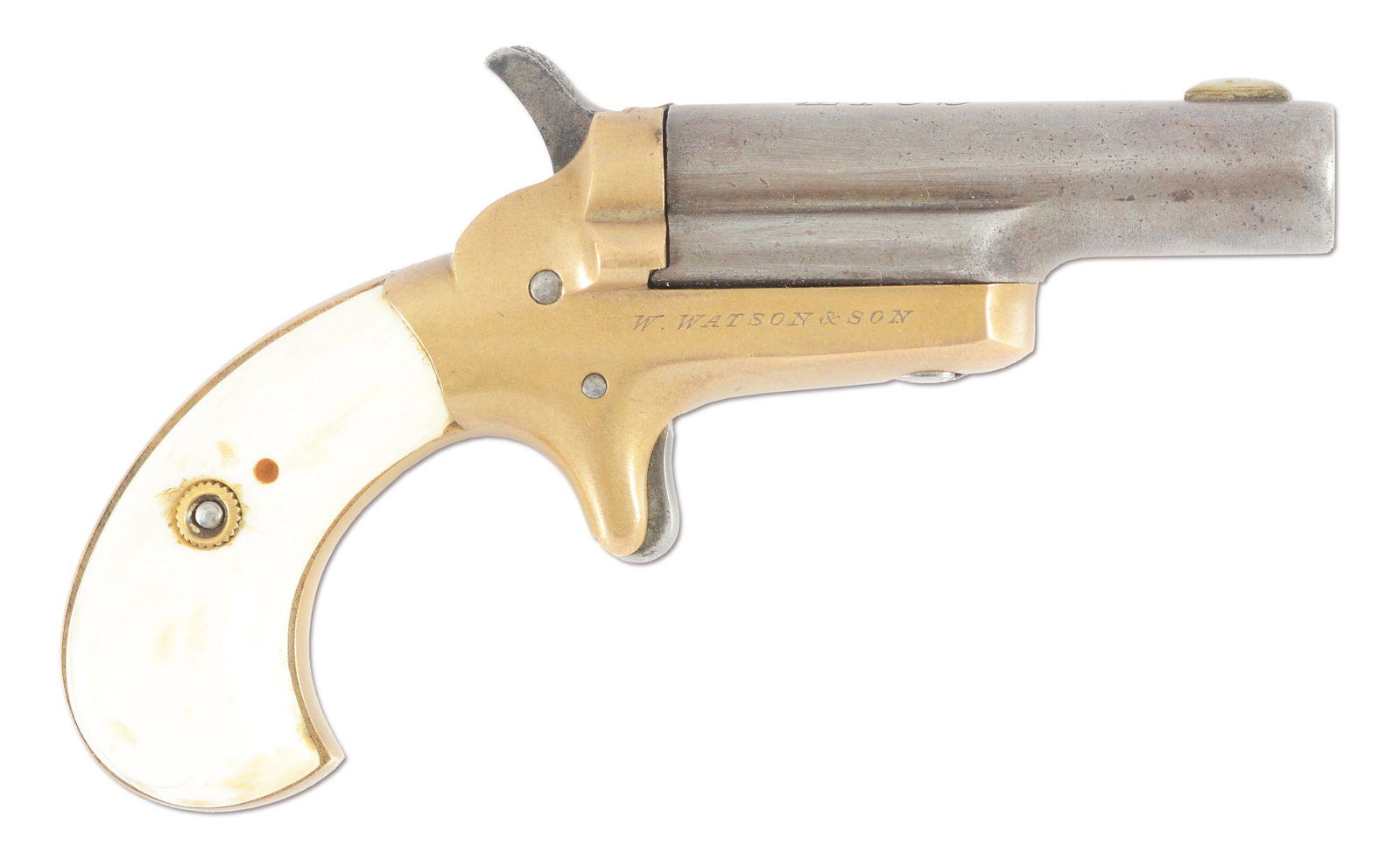 (A) COLT NO. 3 .41 RF DERRINGER RETAILED BY W. WATSON: Marked "313 HOLBORN 41 CAL LONDON" on the left side of the frame. Brass frame. Iron Barrel. Ivory grips. Top of the barrel is marked "COLT". CONDITION: Overall good. Metal retains little of its origin