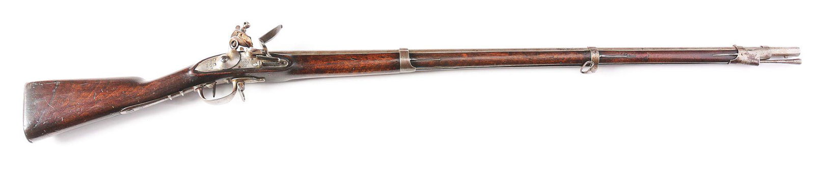(A) CIRCA 1800 .74 CALIBER BELGIAN FLINTLOCK MILITARY: Belgian Flintlock Military Musket that has had a reproduction Tower 1778 and the GR Crown on flint lock installed at some point. CONDITION: Metal aged to a soft patina and would have originally been i
