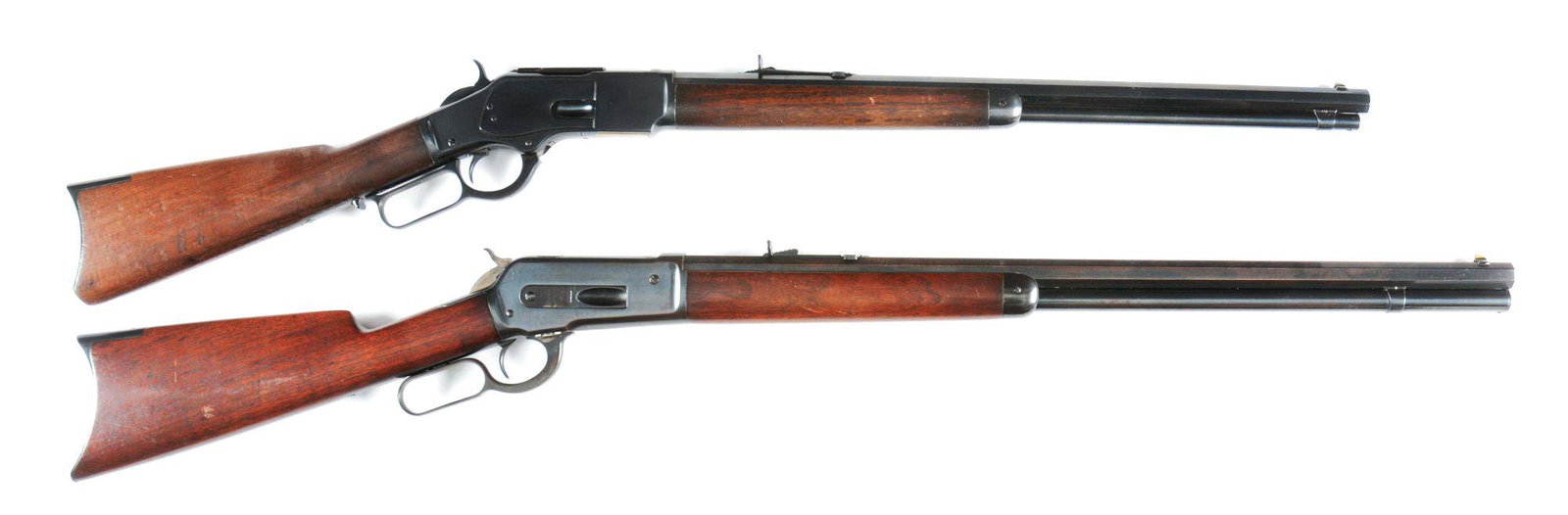 (A) LOT OF 2: WINCHESTER 1873 .32 WCF AND 1886 .45-90: Lot consists of: (A) 1888 vintage Model 1873. Full octagon barrel, full length magazine tube. Plain straight grain walnut stock and forearm. Rifle style crescent buttplate. (B) 1890 vintage Model 1886