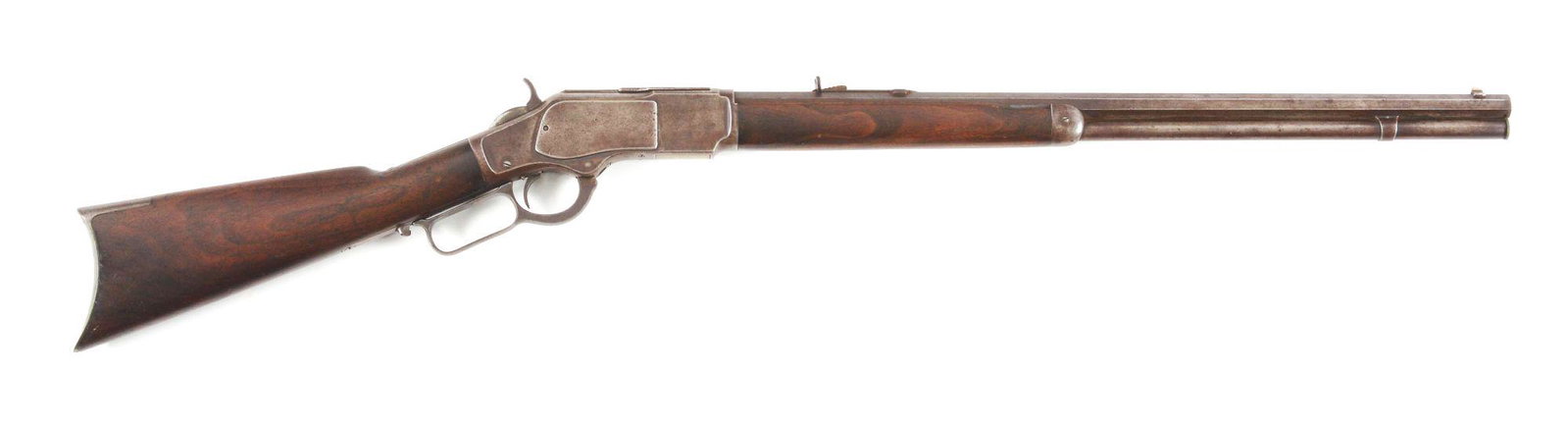 (A) WINCHESTER 1873 .22 SHORT LEVER ACTION RIFLE.: Made in 1891 this Winchester Model 1873 is a rare rimfire model in .22 Short caliber. Gun features a blued action, full octagon barrel with rifle sights and tube fed magazine. Walnut wood stocks with 