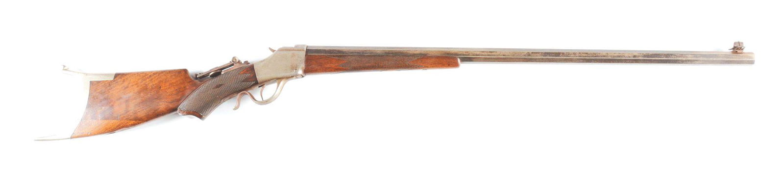 (A) BROWNING MODEL 1878 .32-40 LEVER ACTION RIFLE.: Made by John Moses Browning in Ogden, Utah. This Model 1878 has blued unmarked rifled octagon barrel with globe front sight, plugged rear sight dovetail and Vernier tang sight. Case hardened action wi