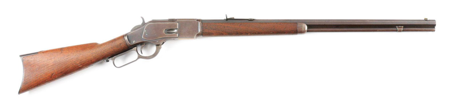 (A) WINCHESTER MODEL 1873 .32-20 LEVER ACTION RIFLE.: Winchester Third Model 1873 rifle chambered for the .32-20 cartridge and produced in 1894. Octagonal barrel with blade front sight and elevator adjustable rear sight. Full magazine with walnut stocks 