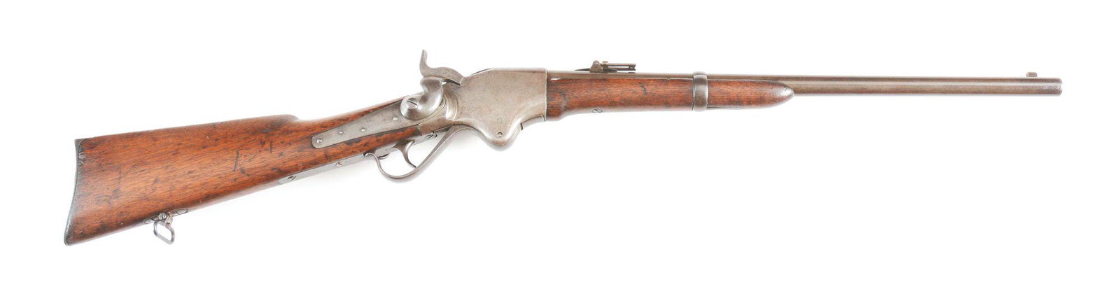 (A) CIVIL WAR SPENCER MODEL 1860 .50-50 CARBINE WITH: Standard production model 1860 Spencer carbine. This gun is accompanied by a leather cartridge box that is marked on the inside flap "E.A. GROSSMAN & CO./ NEWARK/ NJ". The box has a wood insert which 
