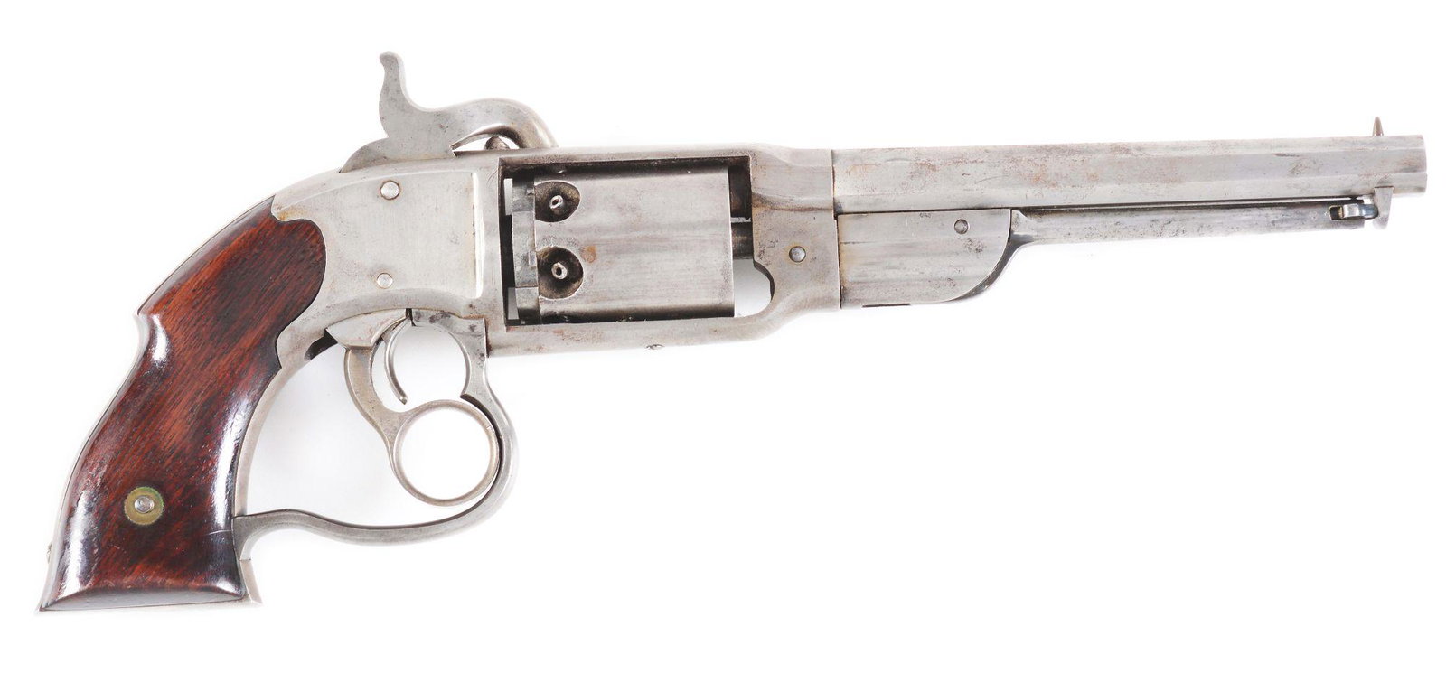 (A) CIVIL WAR SAVAGE MODEL 1861 NAVY .36 CALIBER: This gun appears to be devoid of any military markings. Standard double action configuration. Clear three line address on the top of the frame. CONDITION: All metal surfaces have been lightly cleaned.