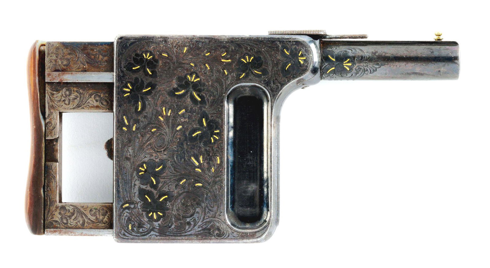 (A) FRENCH MADE GAULOIS PALM PISTOL.: Fluted rib, 2 - 1/4" round barrel. 5-shot, 8mm magazine. Nearly full coverage delicate engraving featuring flower blossoms with gold inlaid accents. Barrel marked "Gaulois" in gold. Frame is marked in