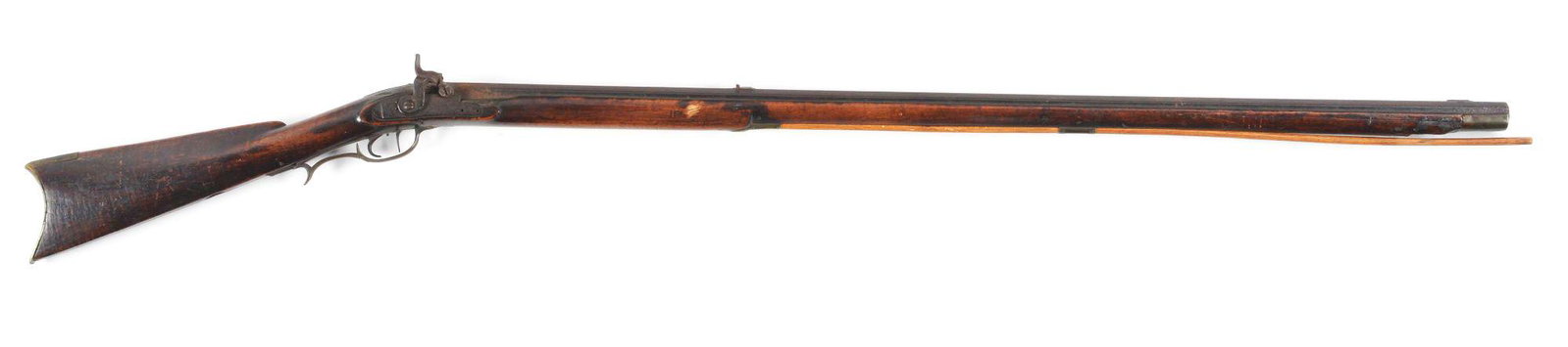 (A) FULLSTOCK PERCUSSION .44 CALIBER LONG RIFLE SIGNED: Made by Samuel B. Thompson of Columbus, Ohio circa 1850. Full rifled octagon barrel with rifle sights stamped in block letters "S. Thompson". Recycled flint plate with percussion ignition system contr