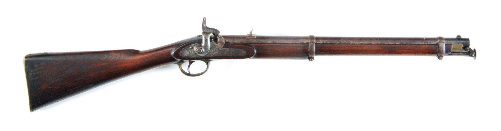 (A) CIVIL WAR ERA BRITISH HOLLIS AND SONS PATTERN 1856: Standard 1856 pattern with swivel ram rod. Simple folding leaf rear sight. Saddle bar on left side. "25" proofed barrel. Marked on the lock "J. HOLLIS & SONS" towards the front. Marked at the rear of 