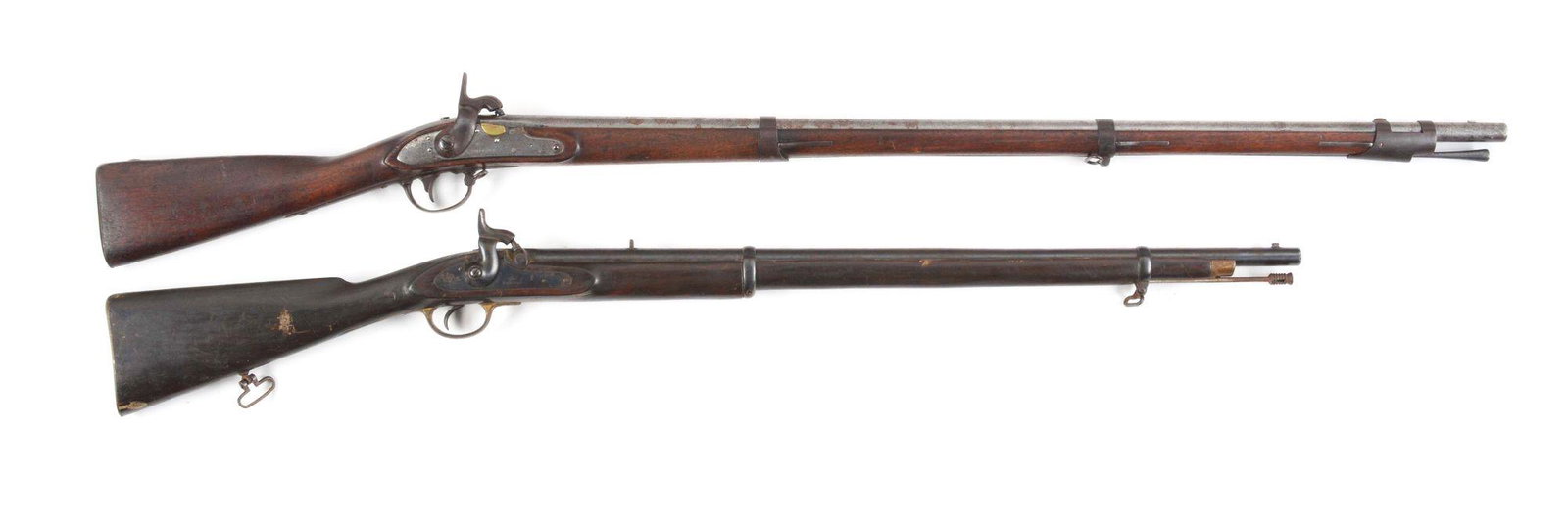(A) LOT OF TWO: ELI WHITNEY AND ENFIELD PERCUSSION: Lot consists of: (A) Eli Whitney conversion of the 1816 style US flintlock musket. U.S. with E. Whitney marked lock with rear marked New Haven and dated 1841. Brass touch hole plug with large percussi
