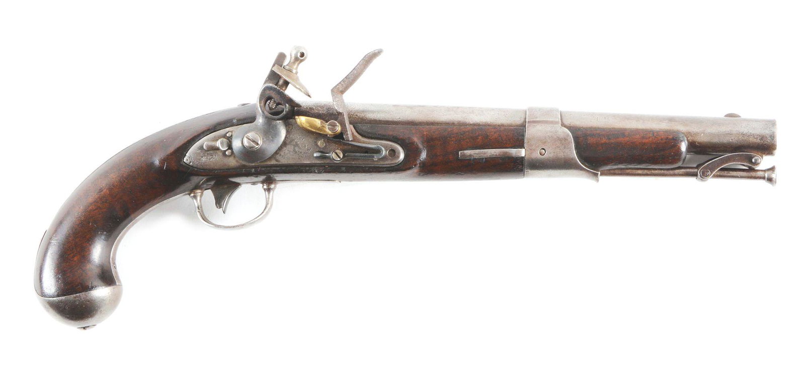 (A) SIMEON NORTH MODEL 1819 FLINTLOCK PISTOL.: Primary single shot military pistol made by Simeon North of Middletown, Connecticut. Used circa 1820, this gun has a flint lock dated 1821 and marked with "S. North U. S. Midl Conn.". Lock has brass p